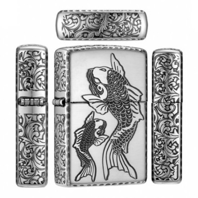 日版 Zippo Lighter 五面雕刻 鯉魚-銀色 ZBT-3-199B